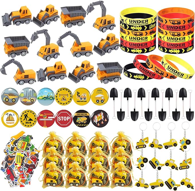 122 PCS Construction Party Favors Construction Theme Party Supplies Mini Construction Vehicles Rubber Bracelet Keychains Truck Button Pin Bags for Kids Birthday Party Favors Goodie Bag Fillers