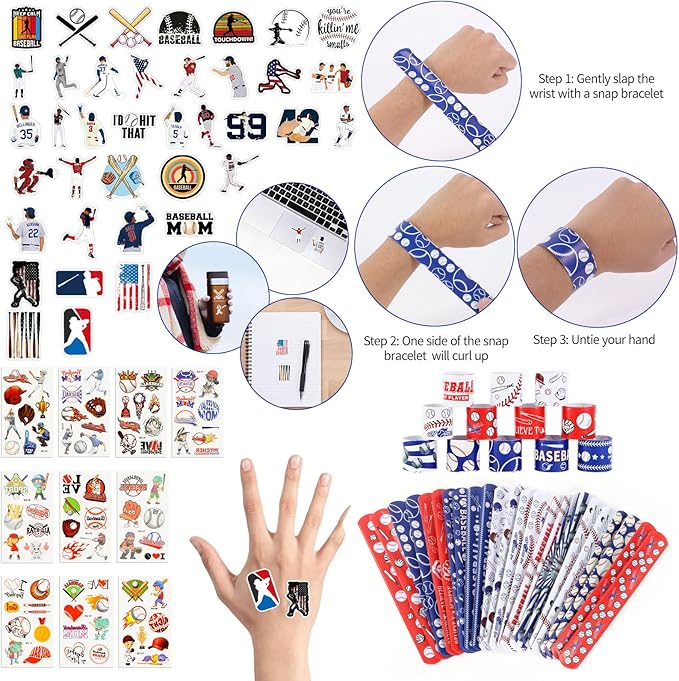 295 Pieces Baseball Party Favors Supplies Set Bulk Mini Baseballs Slap Bracelet Tattoo Sticker Keychain Adjustable Bracelet Goodie Bag Fillers for Sports Baseball Party Gifts Bags (Baseball)