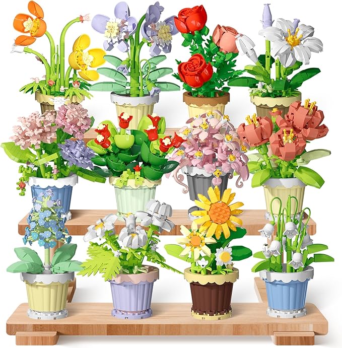 POKONBOY 12 Pack Flower Botanical Bonsai Building Set, Micro Mini Blocks Artificial Flowers DIY Plant Model for Adults, Botanical Collection Home Décor Christmas Birthday Gift (2531 Pcs)