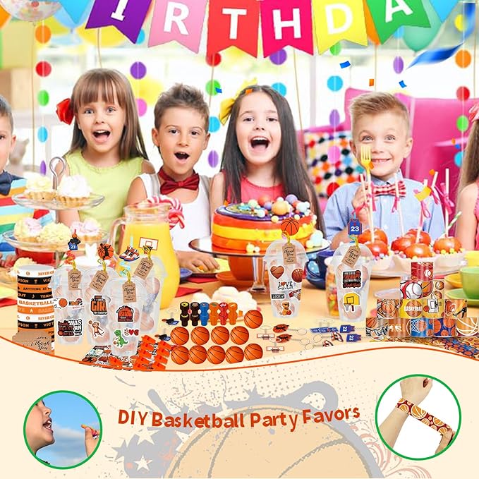 Basketball Party Favors 170 Pcs Basketball Birthday Party Decoration With Cups Straws Slap Bracelets Whistles Stress Balls Wristbands Keychains Stamps Stickers Thank you Tags (Basketball)