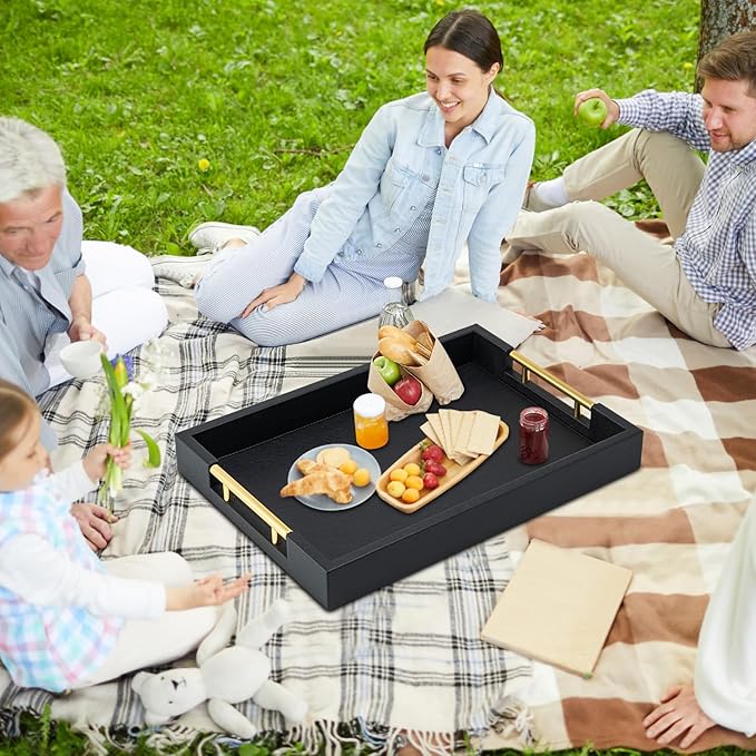 Black Rectangle Serving Tray with Gold Handles for Party,Large Wood Decorative Tray for Ottoman,Faux Leather Coffee Table Tray Decor