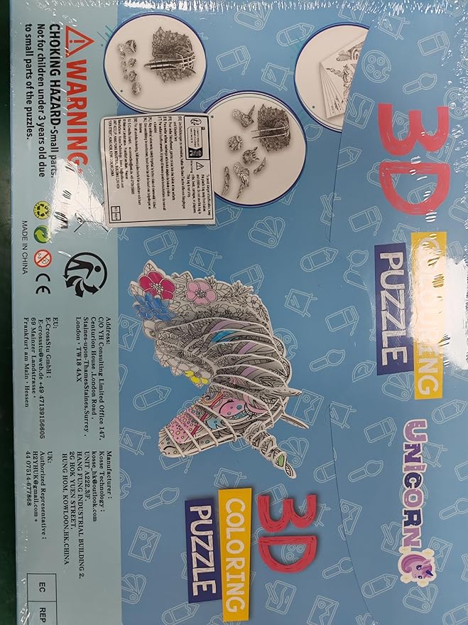 Hautton 3D Coloring Puzzle, Creative DIY Painting Puzzle Set Toy with 10 Coloring Pens, Fun Arts Crafts Gift for Kids Age 3 4 5 6 7 8 9 10 11 12 -Hornhorse