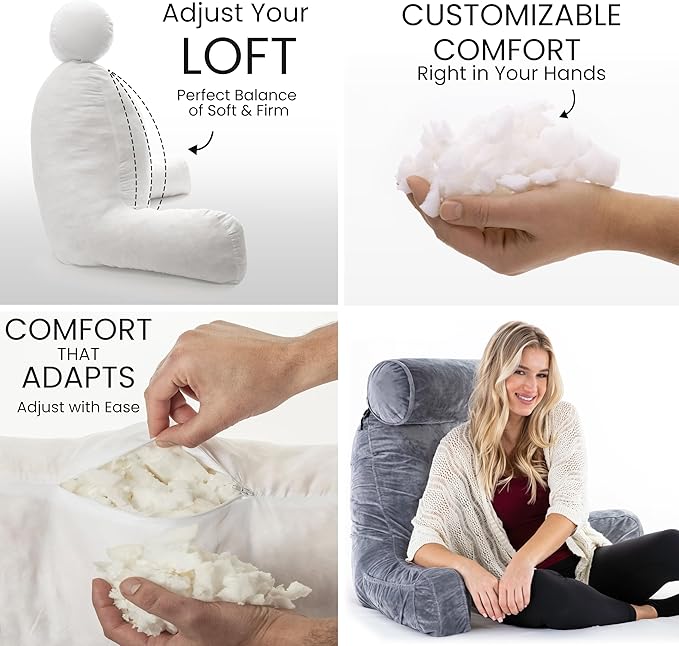 Husband Pillow XXL Aspen Edition, Adult Reading Sit Up Bed Rest Pillow for Bed with Arms & Neck Roll on Bungee Cord - Premium Memory Foam - Reversible 2 Sided Cover Micro Suede or Plush, Iron Grey