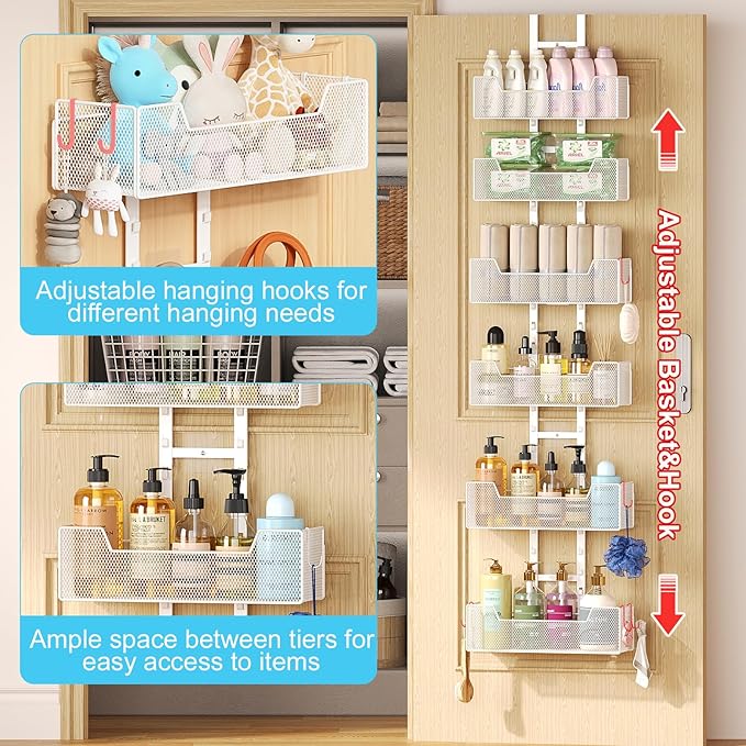 Hongtamoya Over The Door Organizer, Metal Hanging Door Organizer with 6 Adjustable Baskets and 5 Hooks, Behind The Door Storage for Closet Pantry Cabinet Kitchen Bathroom Bedroom, White