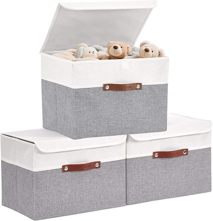 DECOMOMO Fabric Storage Bins with Lid, Storage Baskets for Shelves (Grey and White, 3 Pack)