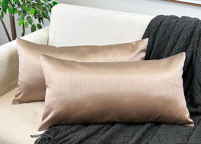 Aiking Home 12x24 Inches Faux Silk Rectangular Throw Pillow Cover, Zipper Closure, Sand (Set of 2)