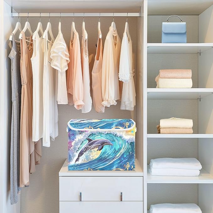 senya Large Storage Bins with Linen Collapsible Foldable Storage Cubes Fabric Closet Organizer Containers box with Flip-Top Lid for Home Bedroom Office 16.7 x 12.6 x 11.8in (Dolphin)