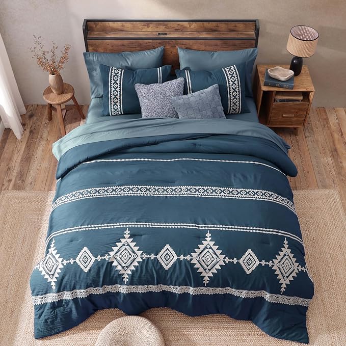 MaiRêve Embroidery King Size Comforter Set Navy Blue, Boho Farmhouse Western Bedding Set 7 Pieces, All Season Bed in A Bag Comforter Set with Sheets, Pillowcases & Shams