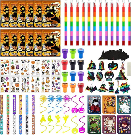 Halloween Party Favors, Halloween Coloring Books with Crayons School Exchanging Gifts Tattoo DIY Sticker Stampers Paper Crafts Slap Bracelets Sticky Hands Halloween Class Treat Prizes 96 PCS