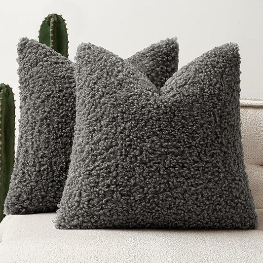 Woaboy Faux Fur Throw Pillow Covers 18x18 Inch Set of 2 Boucle Neutral Decorative Sherpa Fuzzy Accent Soft Sheepskin Fleece Cushions Modern Home Decor for Couch Sofa Bedroom Living Room,Gray