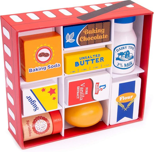 Baker's Mart Ingredient Set | Wooden Play Food Baking Groceries | Includes Baking Soda, Chocolate, Milk, Sugar, Vanilla, Flour, Sprinkles, Butter and Egg | Pretend Play Food Kitchen Accessories