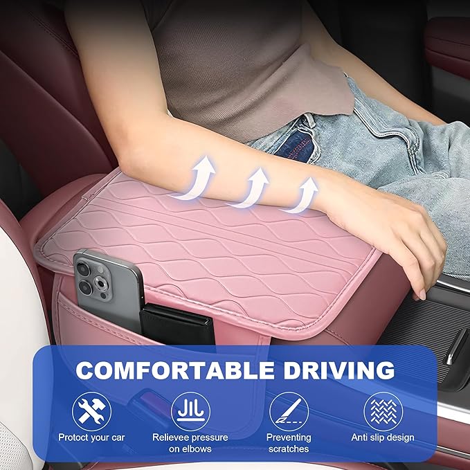 frani Car Center Console Cover,Leather Car Armrest Cover with 2 Storage Bags,Universal Car Arm Rest Cover,Car Interior Accessories Protector for Most Vehicle Light Pink