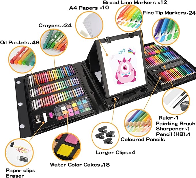 Art Supplies Kit for Kids Ages 5-12, 208-Pack Gifts Art Case Coloring Set, Drawing Kits with Trifold Easel, Arts Set for Girls Boys, Crayons, Markers, Coloring Book, Scissors, Sticker, Origami Paper