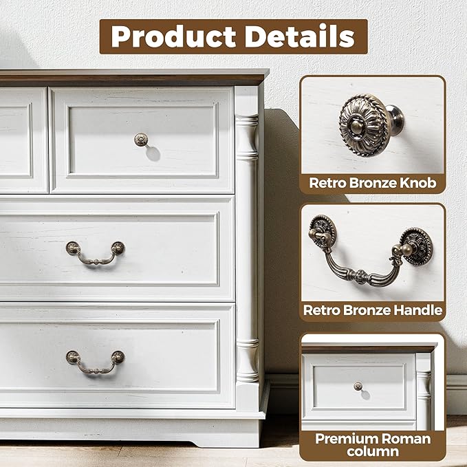 Fkhouse 52" Farmhouse 7 Drawer Dresser for Bedroom,Tall Wide Wood Country Rustic Chest of Drawers,Column Decor,Retro Handle,Natural Texture,Wood Vintage TV Stand,Antique White