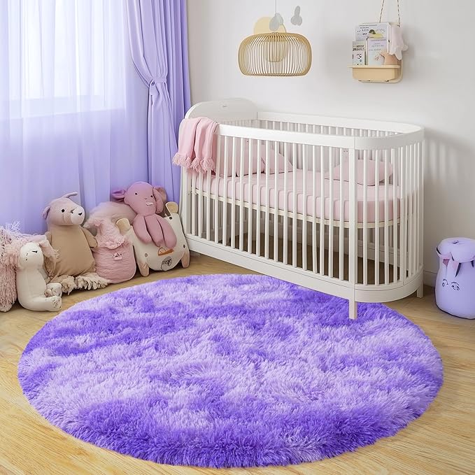 Xexsin Round Fluffy Rugs 6Ft for Girls Bedroom, Tie-Dyed Purple Shag Circle Kids Rug Non-Slip for Bedside Dorm Nursery Playroom, Soft Cute Area Rugs for Living Room Decor