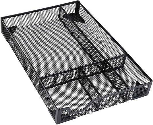 Pssopp Desk Drawer Organizer Tray, 5 Dividers Ventilated Mesh Space Saving Stationery Pen Pencil Organizers with anti Slip Pads for Office Supplies Makeup Vanity Desktop (Black)