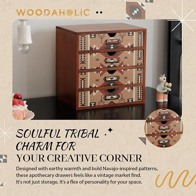 Boho Navajo Wooden Desk Organizer with Drawers – 4-Drawer Desktop Storage Box – Rustic Tribal Wood Desk Organizer for Office, Vanity, or Craft Supplies – Compact & Stylish Wooden Storage Drawers