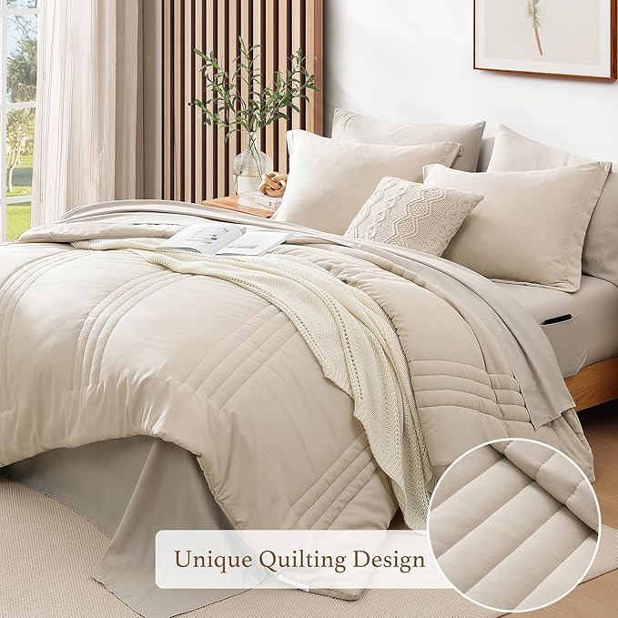 Monbix Oversized King Size Comforter Set - 7 Pieces Apricot Beige Bed in a Bag Oversized King Bedding Sets with Comforters, All Seasons Comforter Bed Set with Sheets, Pillowcases & Shams