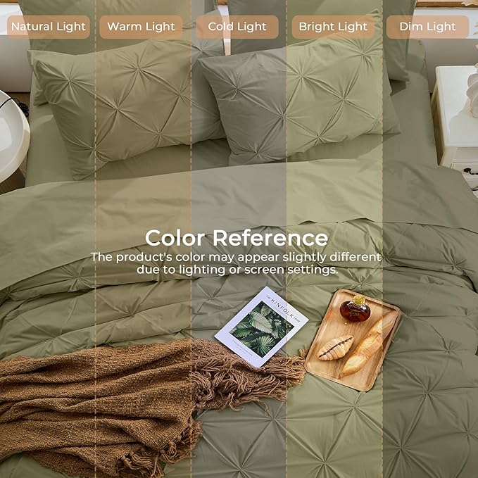 Sasttie California King Comforter Set, 7-Piece Bed in a Bag, Pintuck Bedding Sets for All Season, Includes Comforter, Flat Sheet, Fitted Sheet, Pillowcases and Pillowshams, Olive Green