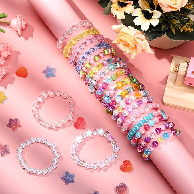 Hicarer 20 Pieces Girl Beaded Bracelets Cute Rainbow Bead Bracelets Colorful Bracelets Princess Bracelets Stretchy Bead Bracelets for Prince Birthday Present (Vivid Style)