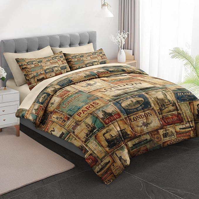 Comforter Set King Size, Vintage Travel Nautical 7 Pcs Bedding for Kids and Adults, Retro Antique Bed Sheet Sets with Fitted Sheet 2 Pillowcases & 2 Shams for Bedroom Bed Decor