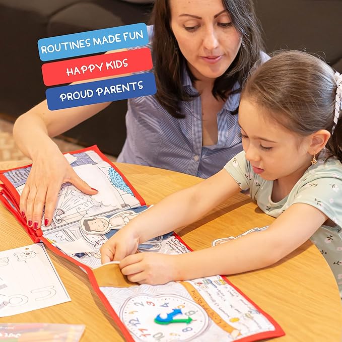 Routines 11 Pages Quiet Book for 3+ Year Old Boys and Girls | Bilingual Soft Book | Preschool and Early Learning | Montessori Fabric Book for Toddlers | Play and Learn Toy | 14 Pieces Included.