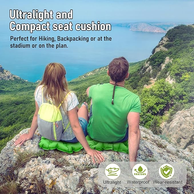 BreezCamp Inflatable Seat Cushion, Lightweight Stadium Seat Pad, Camping Accessories Chair Pad for Airplane Travel, Hiking, Climbing, Home and Office,Green