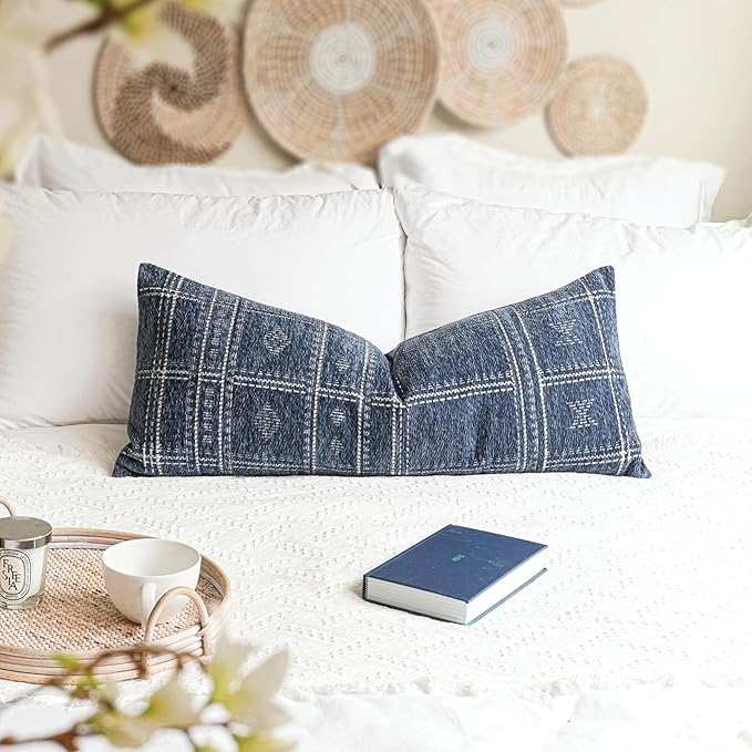 BlissBlush Dark Blue Boho Lumbar Throw Pillow Cover 14X36, Decorative Long Accent Body Pillow for Bed, Farmhouse Woven Textured Pillowcase for Couch (Cover ONLY)