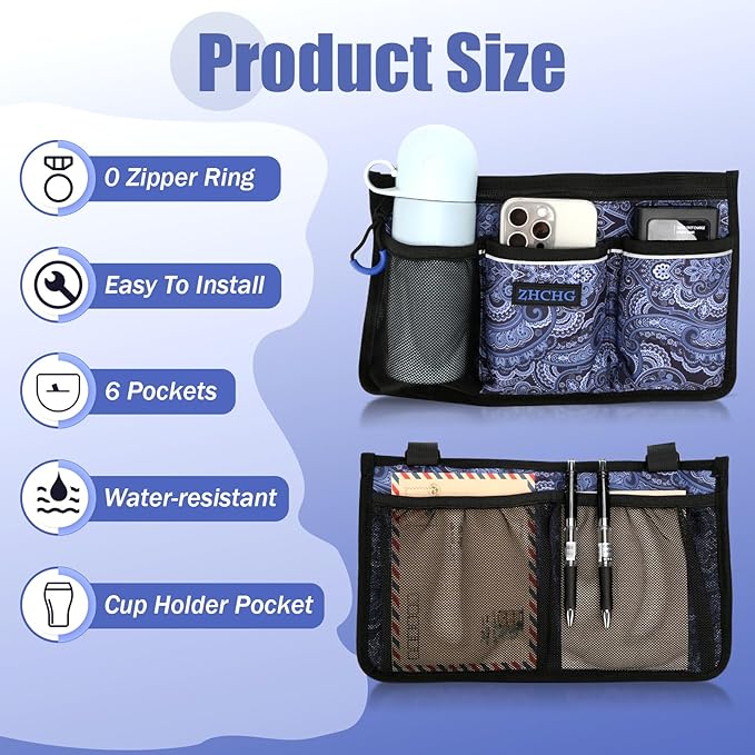 Wheelchair Side Bag, Wheelchair Armrest Pouch Accessories with Cup Holder, Storage Bag for Walker, Rollator, Electric Scooter Wheelchairs, Ideal Gift for Mother's Day & Father's Day (Navy)