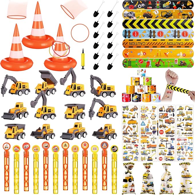 Construction Party Favors Construction Birthday Party Decorations for Kids Ring Toss Game Mini Construction Vehicles Toys Temporary Tattoos Gift Bags for Construction Birthday Party Game Supplies