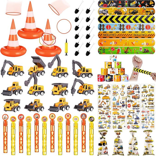 Construction Party Favors Construction Birthday Party Decorations for Kids Ring Toss Game Mini Construction Vehicles Toys Temporary Tattoos Gift Bags for Construction Birthday Party Game Supplies