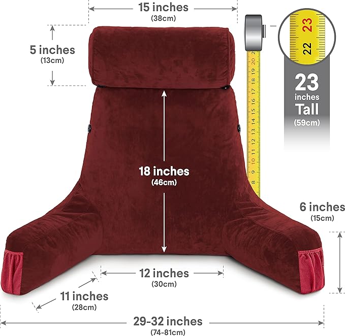 Husband Pillow Medium Maroon, Backrest for Kids, Teens, Petite Adults - Reading Pillows with Arms, Adjustable Loft, Plush Memory Foam, Bed Rest Chair for Sitting Up, Detach Neck Roll, Removable Cover