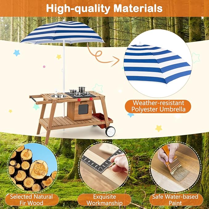 HONEY JOY Mud Kitchen with Umbrella, Wooden Rolling Mud Table Cart, Toddler Outdoor Kitchen Playset, Sink, Faucet, Planting Pots, Utensils, Storage Cabinet, Mud Kitchen for Kids Outdoor with Wheels