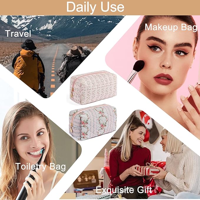 HHQQWZ Makeup Bag Travel Cosmetic Bag for Women Girls, Zipper Make Up Pouch, Floral Flowers Toiletry Organizer Makeup, Portable Storage Bag, Cosmetic Travel Cloth Bag (Pink+Blue)