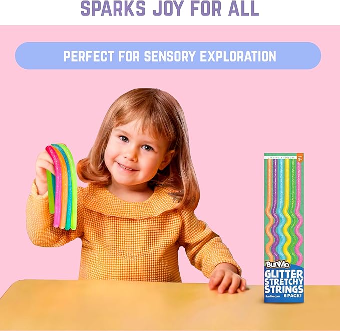 BUNMO Stretchy Strings - Sensory Toys for Toddlers - Stimulating & Addictive Sensory Toys for Kids - Fidget Toy - Hours of Fun for Kids - Non-Mouthable Toy 3+ - Glitter 6 Pack