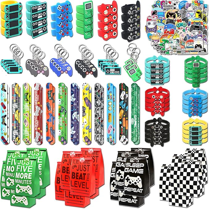 24 sets of Video Game Party Favors, 220 Pcs Gamer party Favors - Gaming Birthday Goodie Bags Included Gift Bags, Game Keychain, Slap Bracelet, Stickers, Game Ring, Hand Strap for Gaming Kids