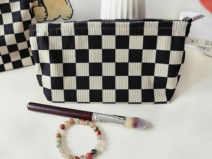 HAPPYHEIDI Checker Corduroy Makeup Bag Women Cosmetic Toiletry Travel Pouch Office Desk Organizer, Vintage Black White Block