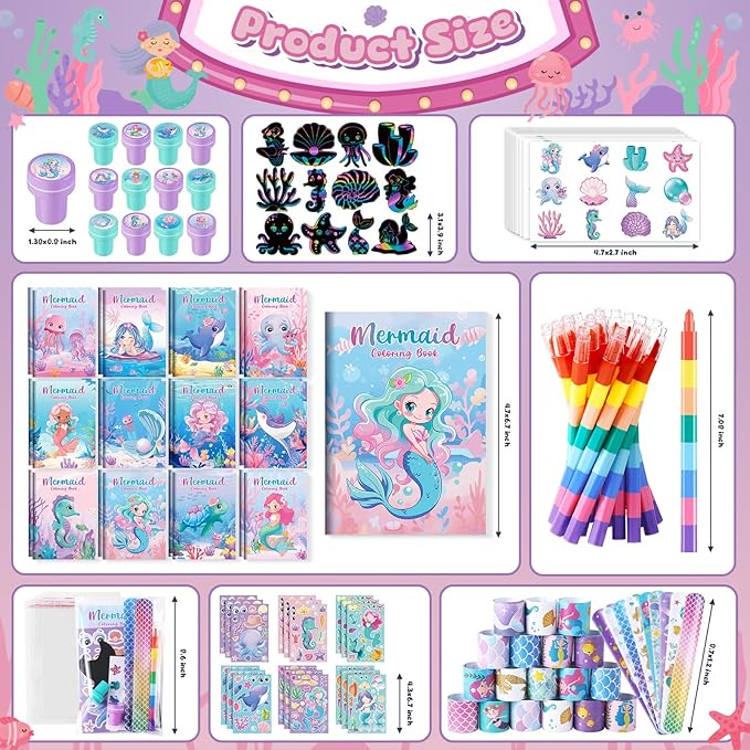 BenLouis 96Pcs Mermaid Party Favors Little Mermaid Coloring Books Crayon Stickers Set Bulk for Kids Mermaid Birthday Decor Baby Shower Candy Goodie Bag Stuffer Classroom Rewards Pinata Supplies