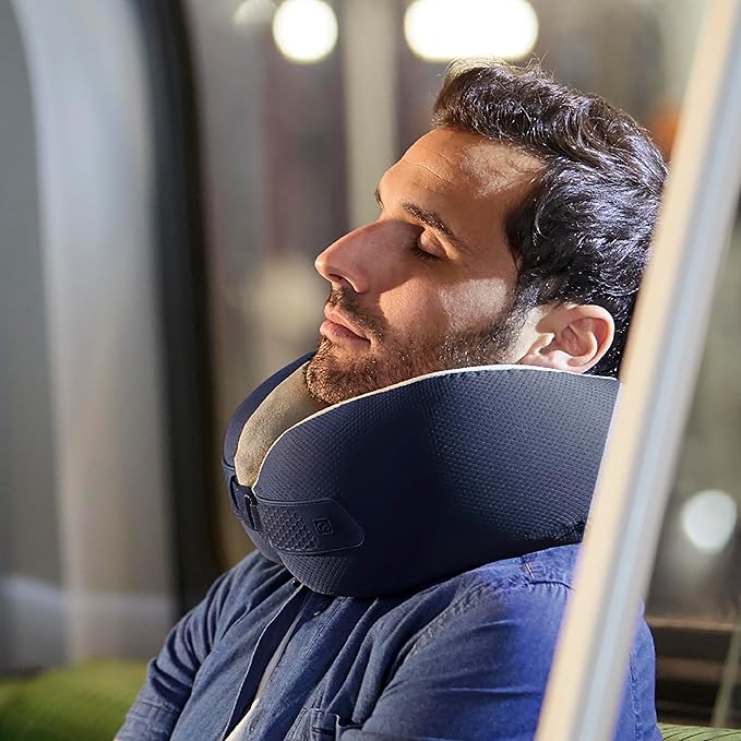 American Dreamer, Deluxe Travel Pillow, Comfortable Memory Foam Neck Pillow for Uninterrupted Sleep, Ideal for Airplane, Bus, Car, and Train, Travel Essentials, Made in USA, Dark Blue