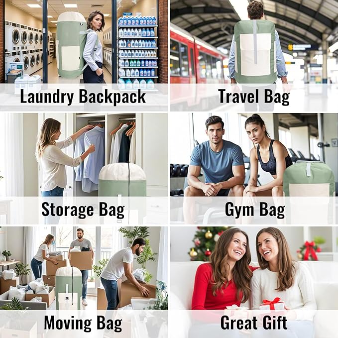 JOINPRO Laundry Bag Backpack, 125L Extra Large Travel with Shoulder Straps, Adjustable & Extendable Design, Laundry Hamper Bag with 3 Pockets for Laundromat, College, Travel, Camping (Green)