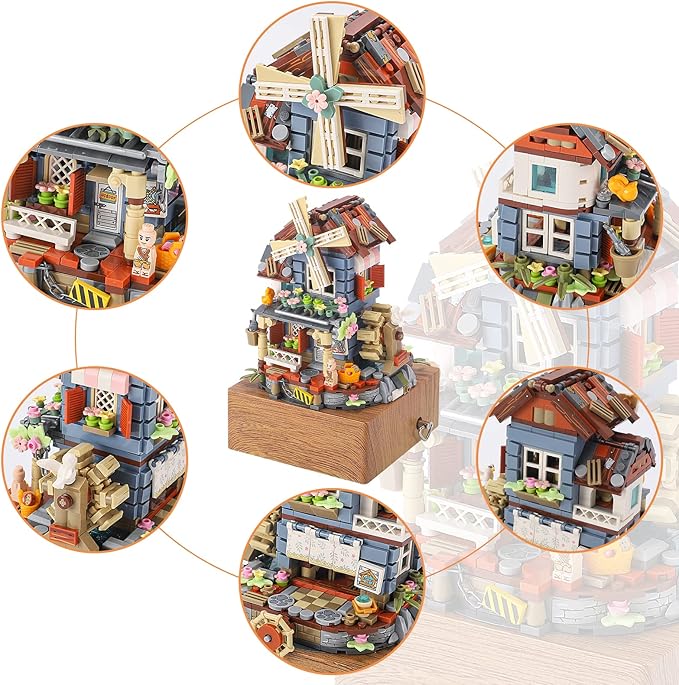 Windmill Building Toy Windmill House Music Box Building Blocks Set Flowers Windmill House for Best Gift Adults and Kids Anniversary Birthday