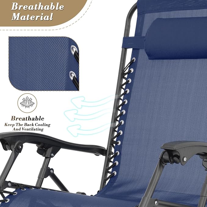 Athena Collection Zero Gravity Outdoor Lounge Chair Set of 2, 29" Width Pool Lounge Lawn Chairs Reclining with Cup Holder, Outdoor Chaise for Beach Patio Backyard Outside, Dark Blue