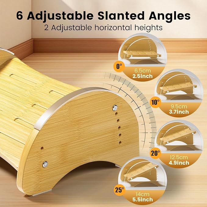 Bamboo Ergonomic Footrest Under Desk, Adjustable Rocking Foot Rest with Cushion, 6 Height Levels, Non-Slip Wooden Foot Rest for Office & Home Work