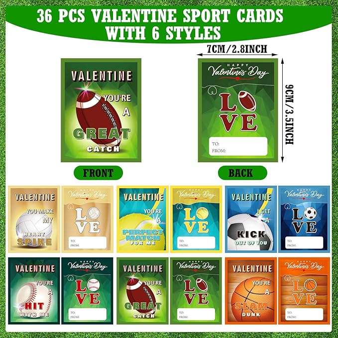 144 Pcs Valentine's Day Sports Gift Cards Valentines Party Favors Sports Greeting Cards with Stress Balls Bracelet Favors for Valentines Sports Team