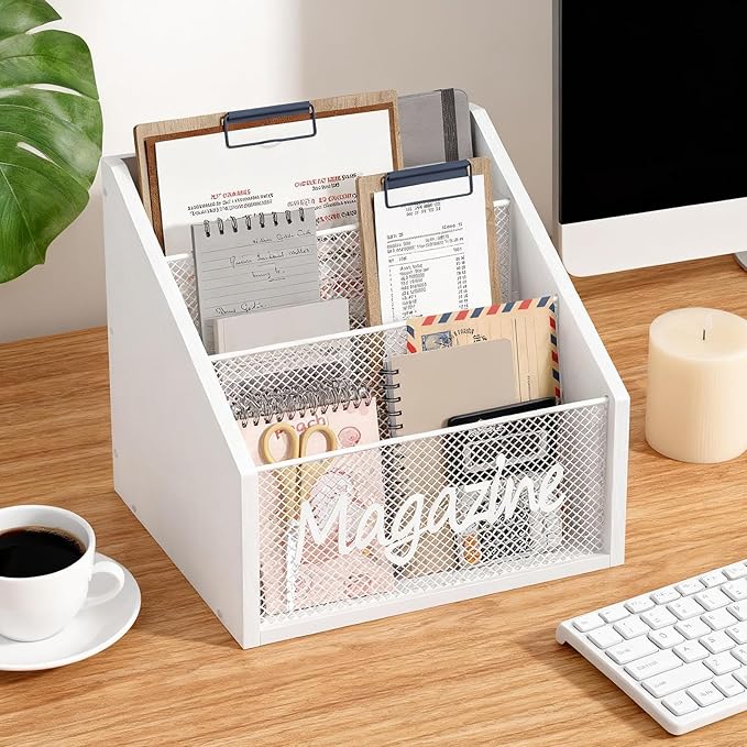 YATINEY Magazine Holder, Wood Magazine Rack Floor, Mail Organizer Countertop, Magazine Mail Holder Sorter, Record Holder for Magazines, Books, Newspapers, Tablets, White MR02WW