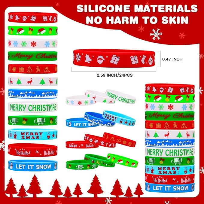 Garma 96Pcs Christmas Slap Bracelets Christmas Wristbands Rubber Band Christmas Silicone Bracelets for Kids Christmas Party Favors Christmas Stocking Stuffers Gifts (96)