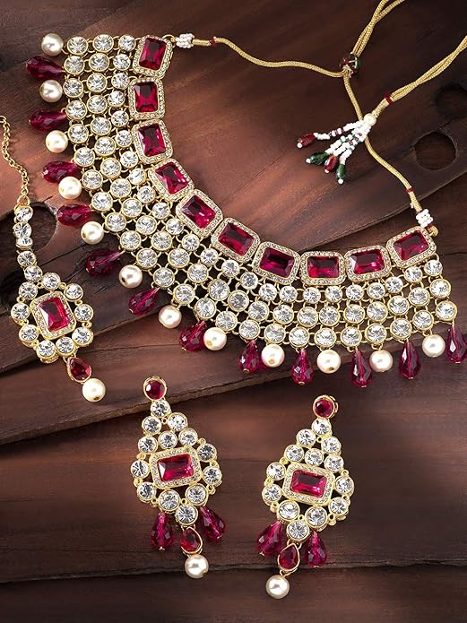 Aheli Kundan and Simulated Colored Stones Indian Ethnic Maang Tikka Necklace and Earrings Set Bollywood Festive Statement Jewelry Gift for Women