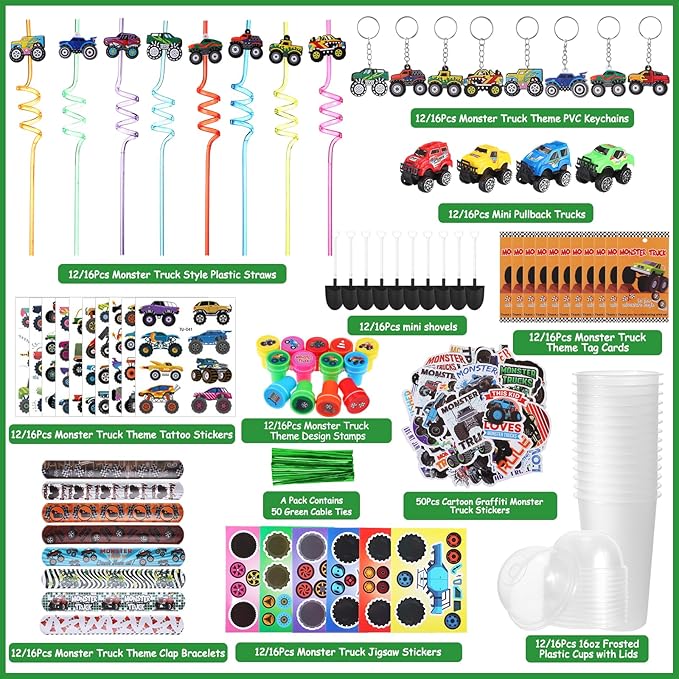 HyDren 171 Pcs Truck Party Favors Included Gift Cup Straw Keychain Slap Bracelet Mini Truck Puzzle Sticker Stamper Card Tattoo Sticker Shovel Sticker Tag Cable Tie for Birthday Gift Prize