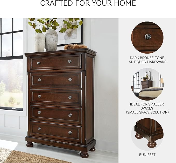 Signature Design by Ashley Porter Traditional 5 Drawer Chest of Drawers, Dark Brown
