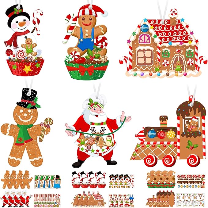 Civaner 24 Sets Christmas Craft Kit for Kids Gingerbread Ornaments Christmas Tree Decorations DIY Gingerbread House Crafts Kit Xmas Gift for Kids Classroom Activities Holiday Party Supplies